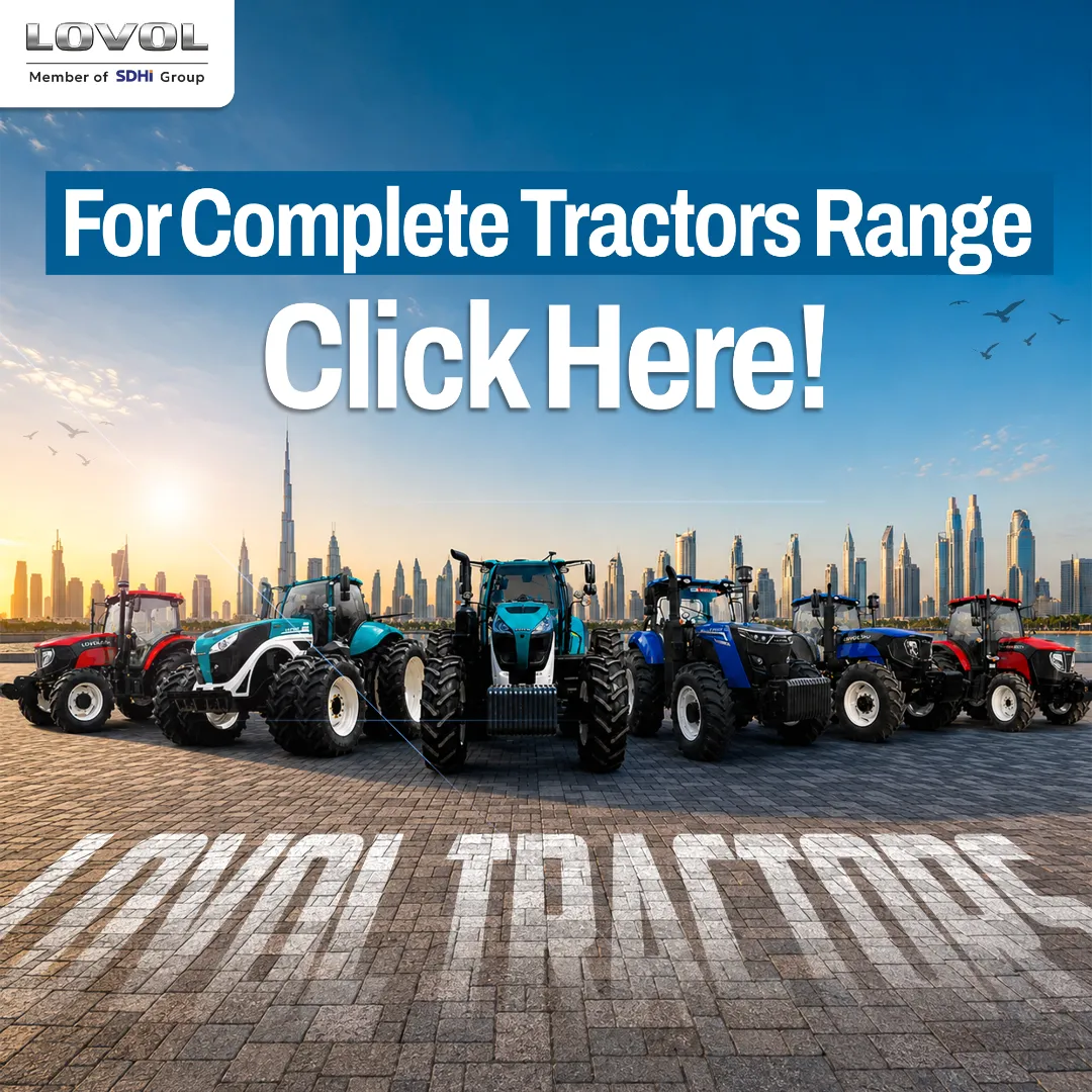 Advertisement banner with a row of tractors and a city skyline at sunset; text reads 'For Complete Tractors Range Click Here!' with the LOVOL logo in corner