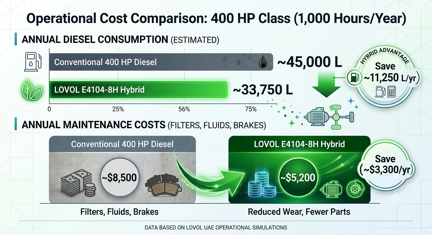 Infographic: 400 HP class fuel and maintenance comparison. Conventional diesel uses ~45,000 L/yr; LOVOL E4104-8H Hybrid uses ~33,750 L/yr. Maintenance: ~$8,500 vs ~$5,200; potential savings: ~11,250 L/yr fuel and ~$3,300/yr.