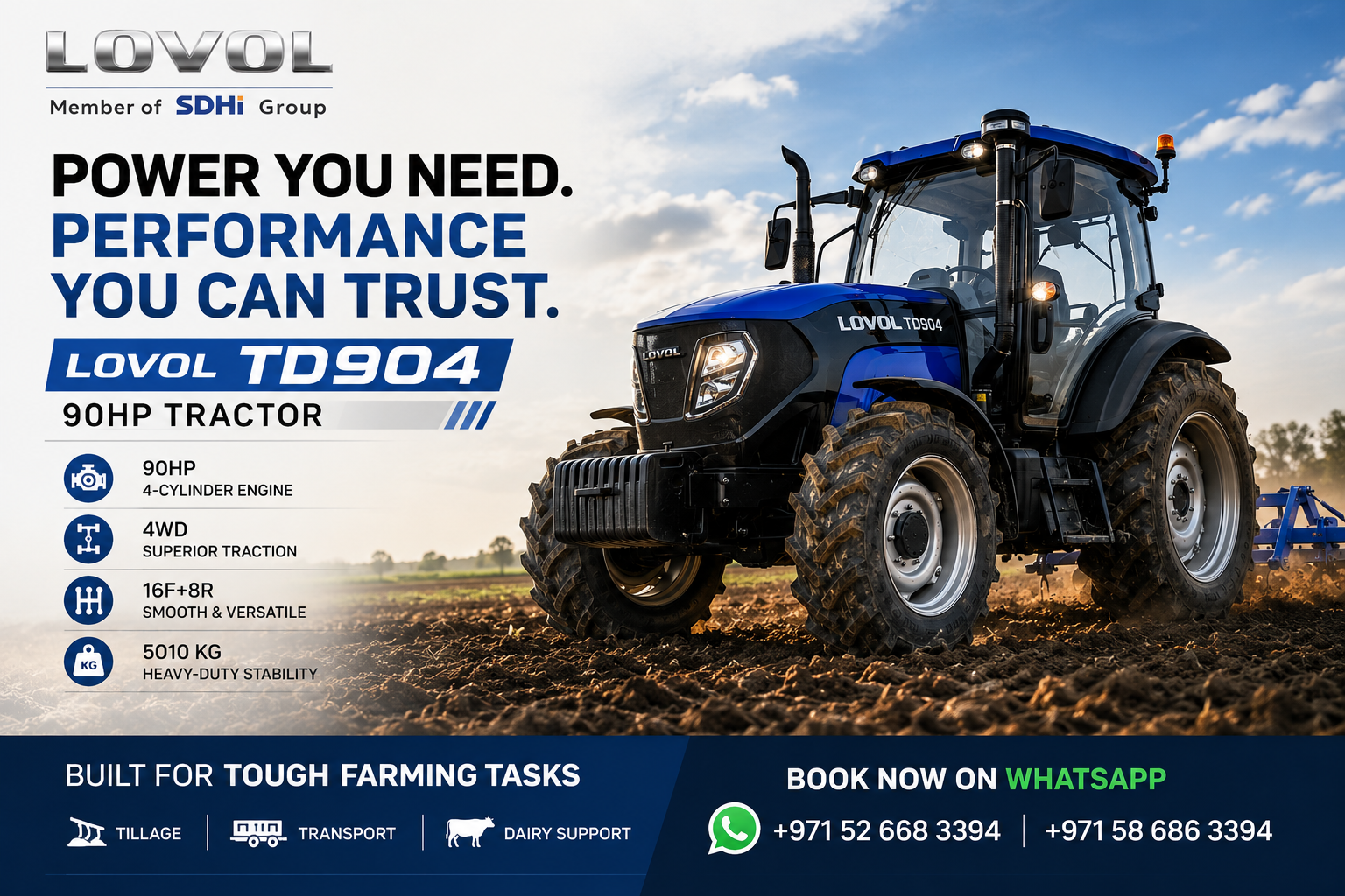 Lovol TD904 90HP tractor demonstrating power and 4WD traction